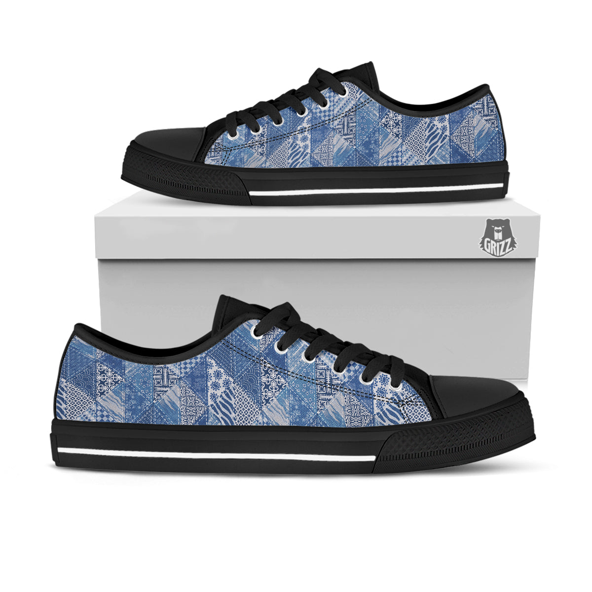 Patchwork Blue Denim Print Pattern Black Low Top Shoes-grizzshop