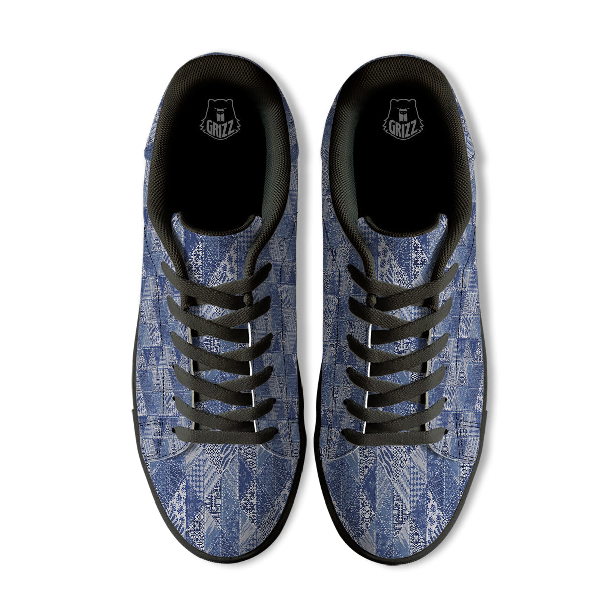 Patchwork Blue Denim Print Pattern Black Low Top Sneakers-grizzshop