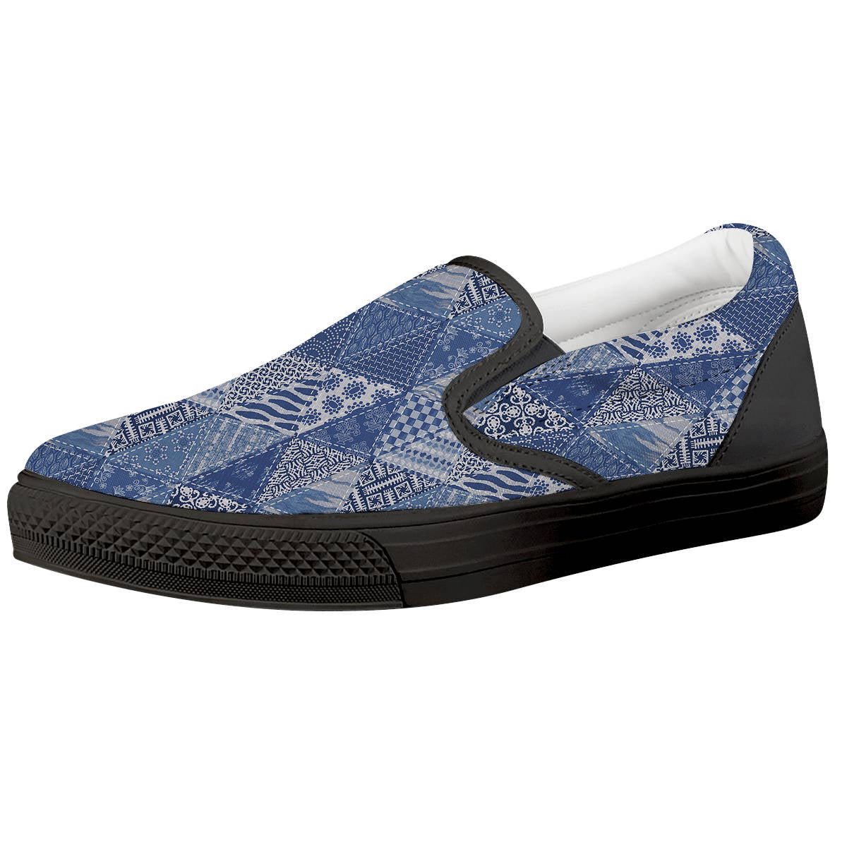 Patchwork Blue Denim Print Pattern Black Slip On Shoes-grizzshop