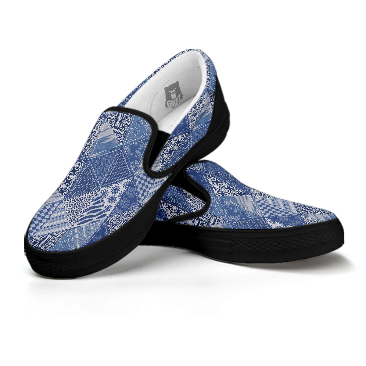 Patchwork Blue Denim Print Pattern Black Slip On Shoes-grizzshop