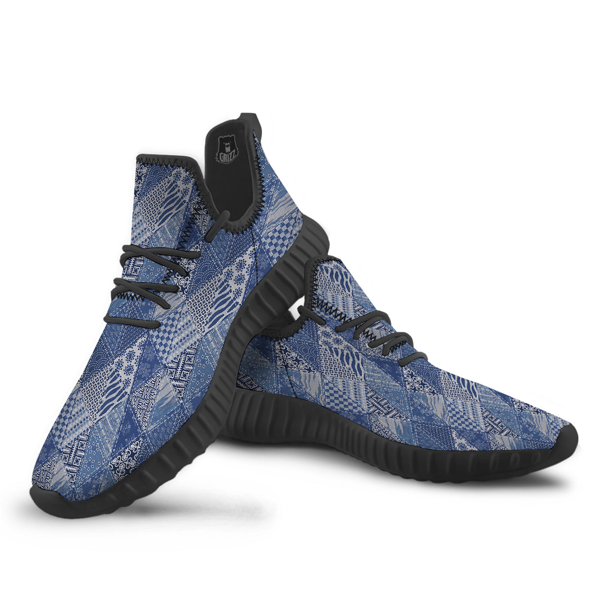 Patchwork Blue Denim Print Pattern Black Walking Shoes-grizzshop