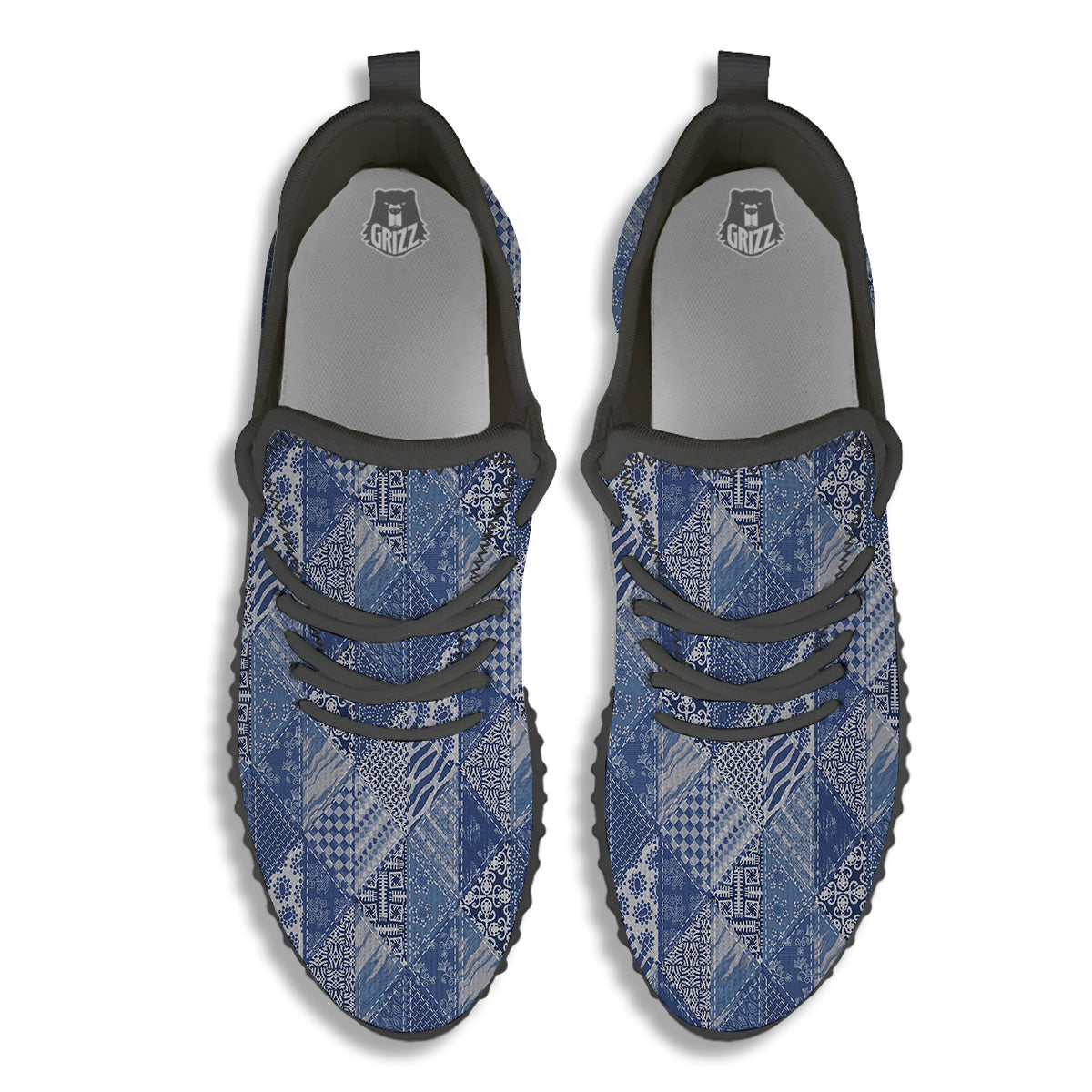 Patchwork Blue Denim Print Pattern Black Walking Shoes-grizzshop