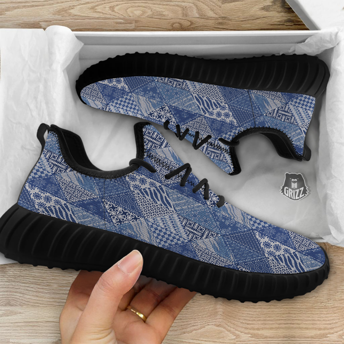 Patchwork Blue Denim Print Pattern Black Walking Shoes-grizzshop