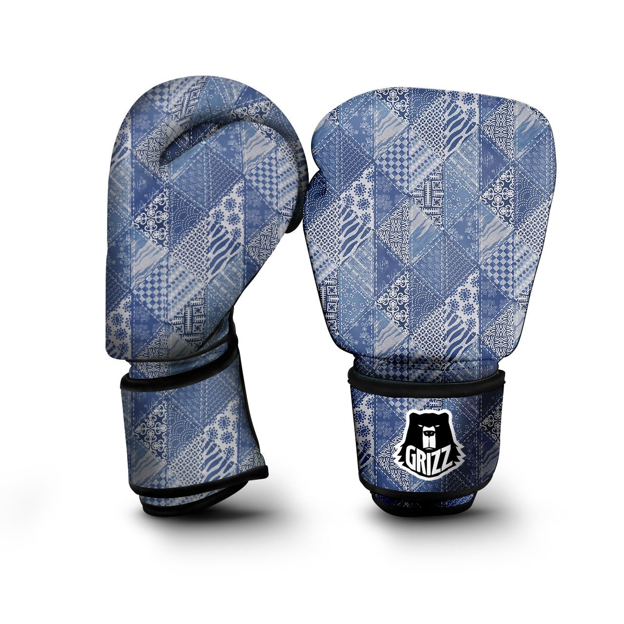 Patchwork Blue Denim Print Pattern Boxing Gloves-grizzshop