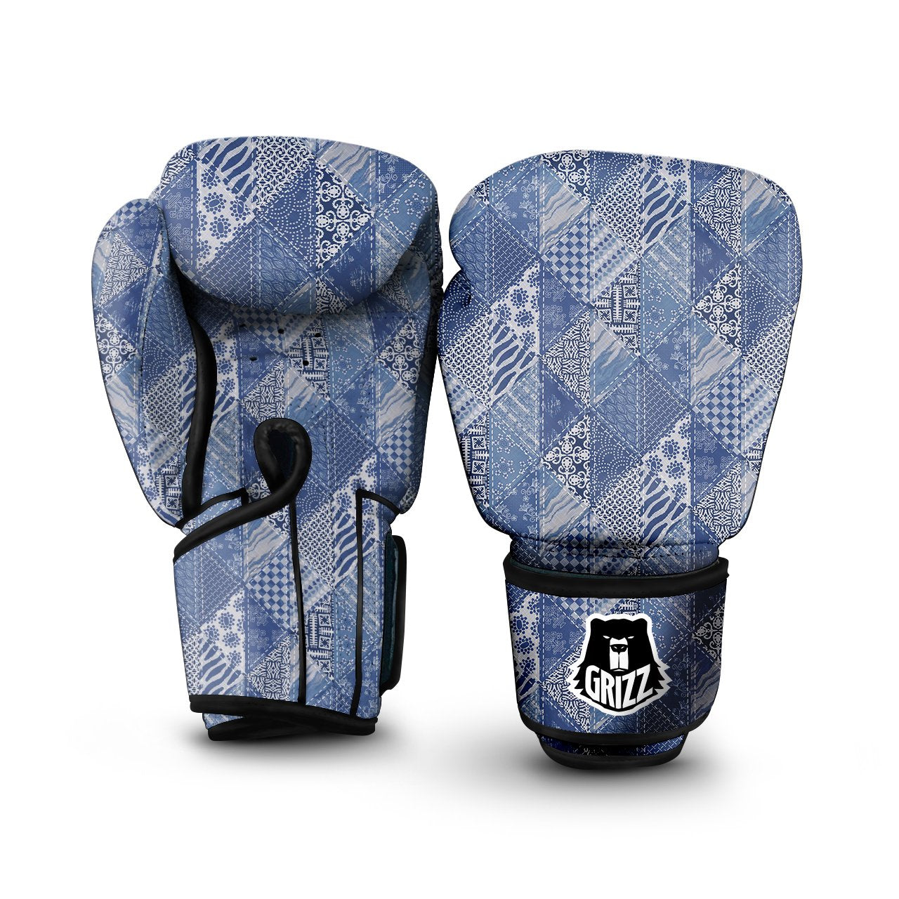 Patchwork Blue Denim Print Pattern Boxing Gloves-grizzshop