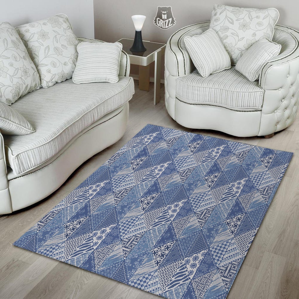 Patchwork Blue Denim Print Pattern Floor Mat-grizzshop