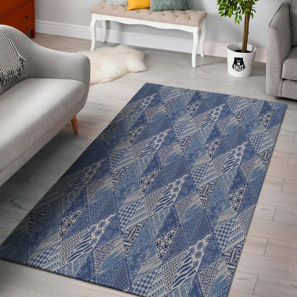 Patchwork Blue Denim Print Pattern Floor Mat-grizzshop