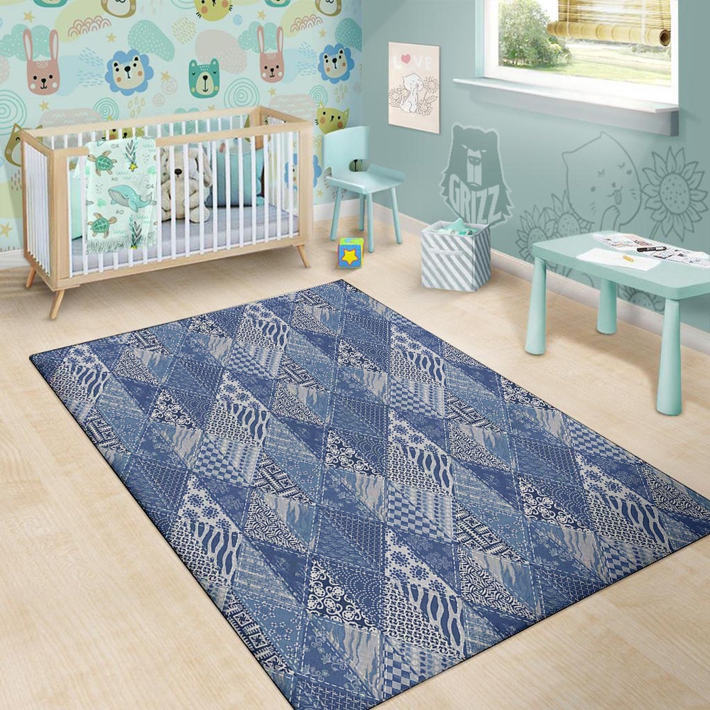 Patchwork Blue Denim Print Pattern Floor Mat-grizzshop