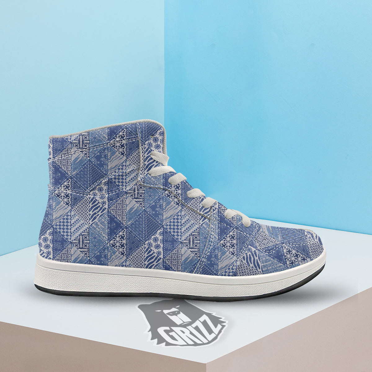 Patchwork Blue Denim Print Pattern High Top Sneakers-grizzshop