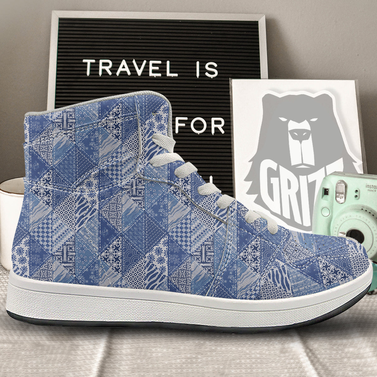 Patchwork Blue Denim Print Pattern High Top Sneakers-grizzshop