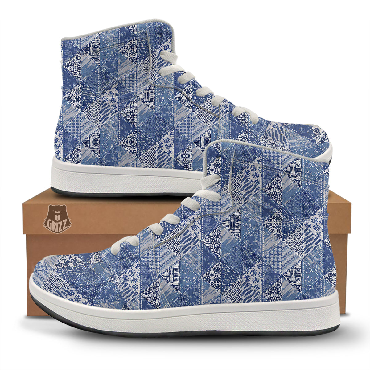 Patchwork Blue Denim Print Pattern High Top Sneakers-grizzshop