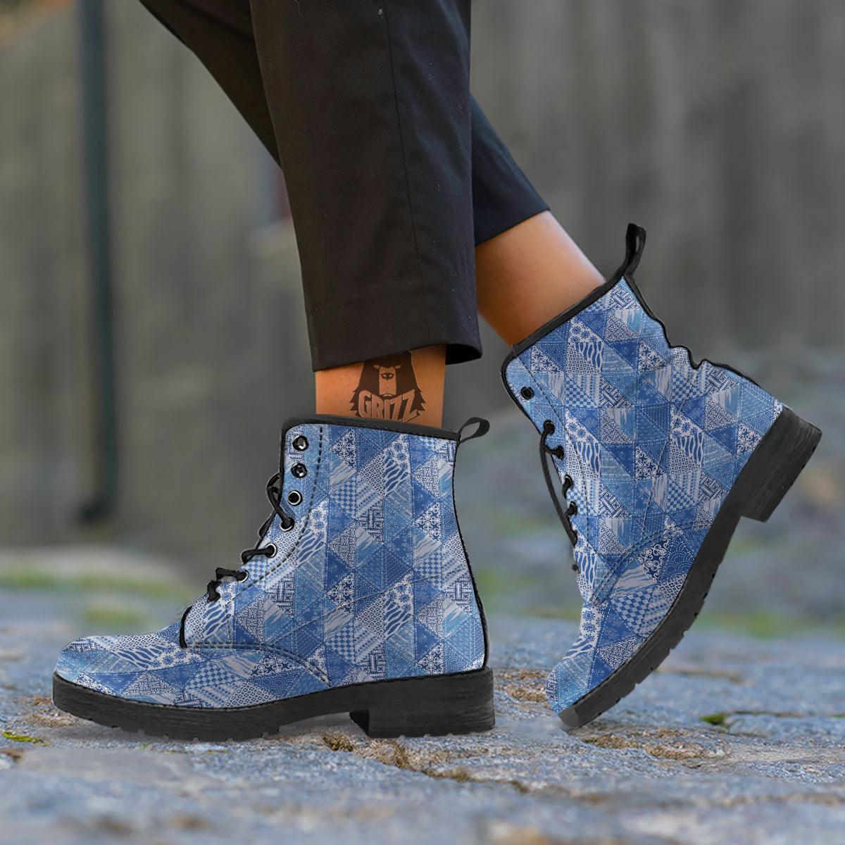 Patchwork Blue Denim Print Pattern Leather Boots-grizzshop