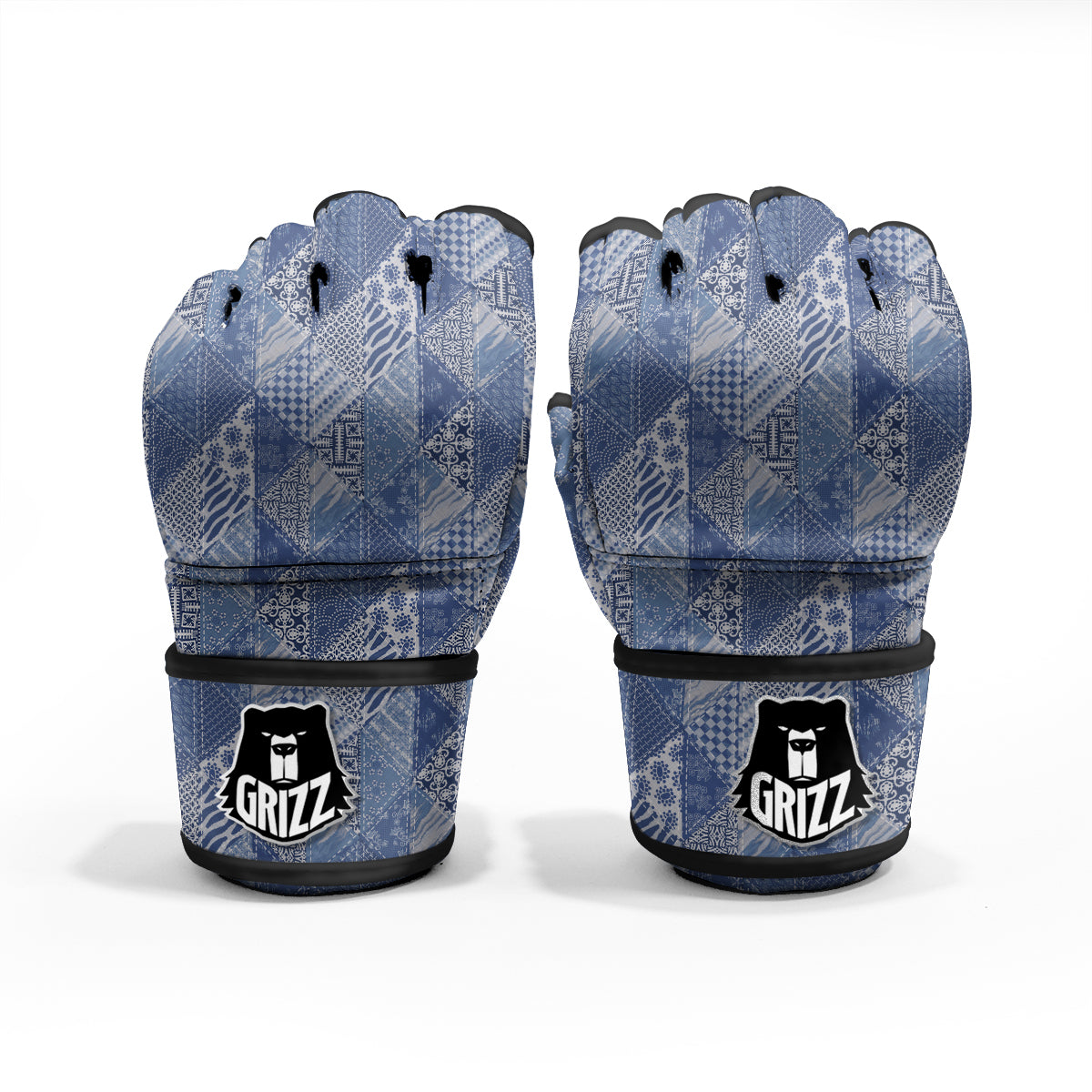 Patchwork Blue Denim Print Pattern MMA Gloves-grizzshop