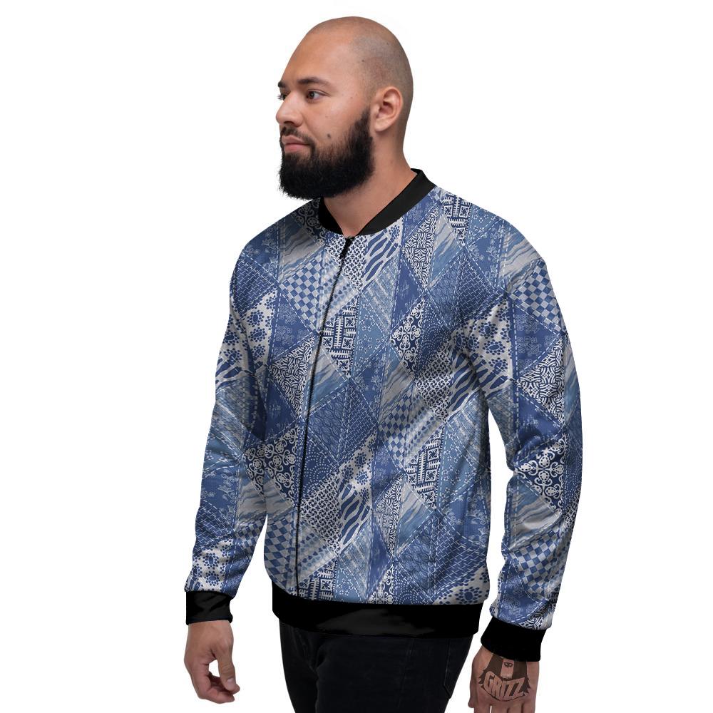 Patchwork Blue Denim Print Pattern Men's Bomber Jacket-grizzshop