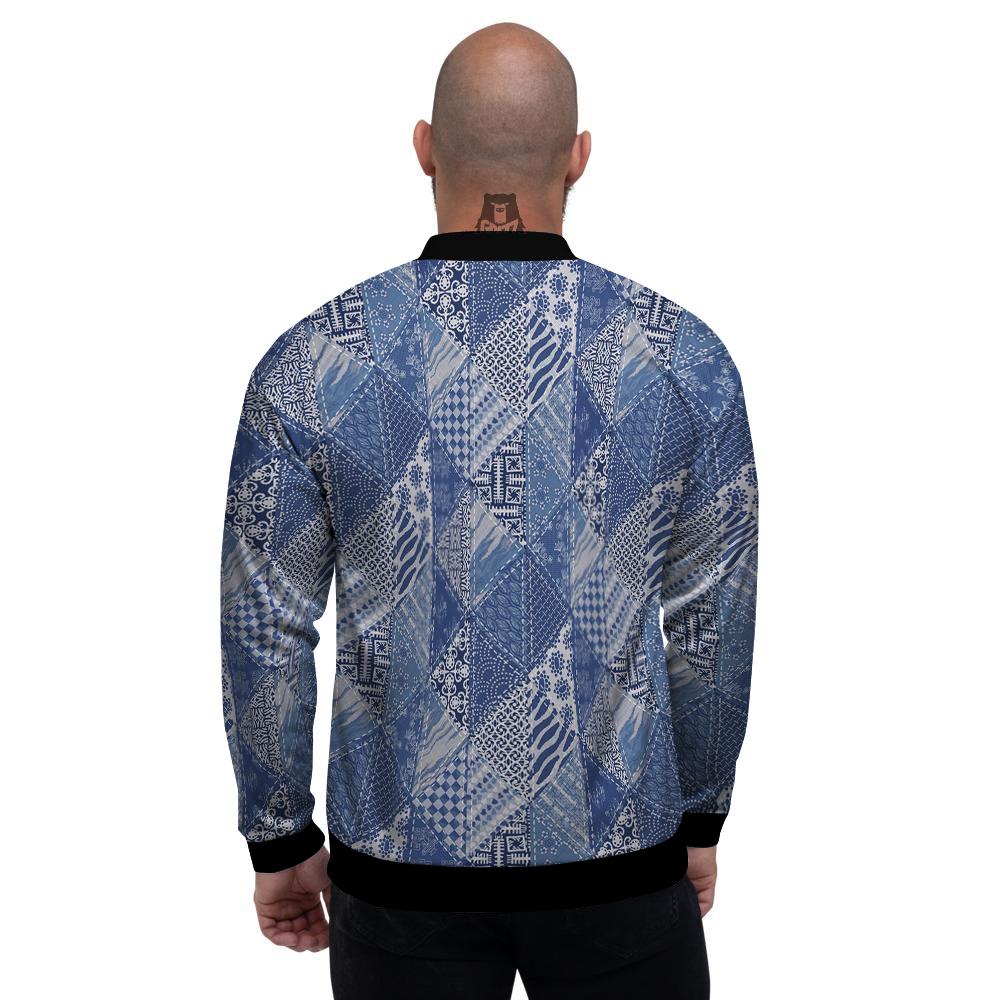 Patchwork Blue Denim Print Pattern Men's Bomber Jacket-grizzshop
