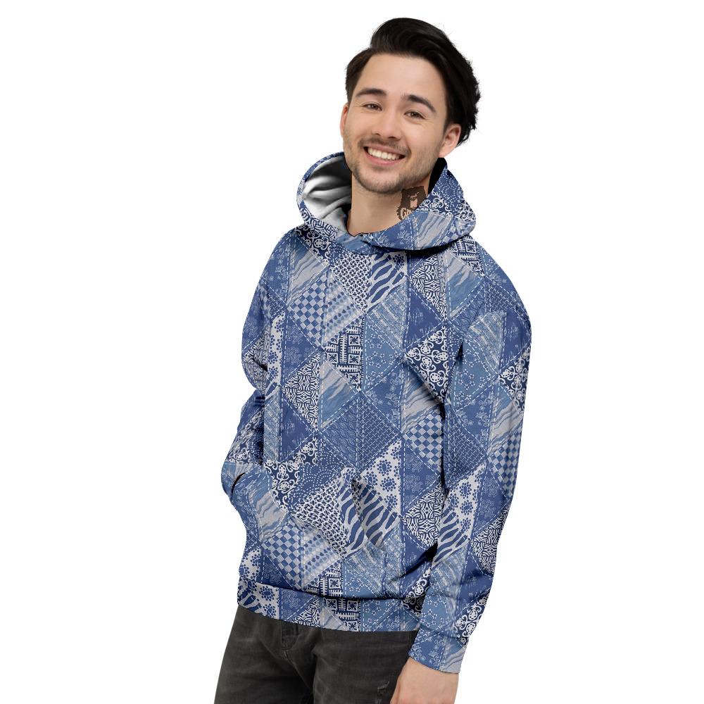 Patchwork Blue Denim Print Pattern Men's Hoodie-grizzshop