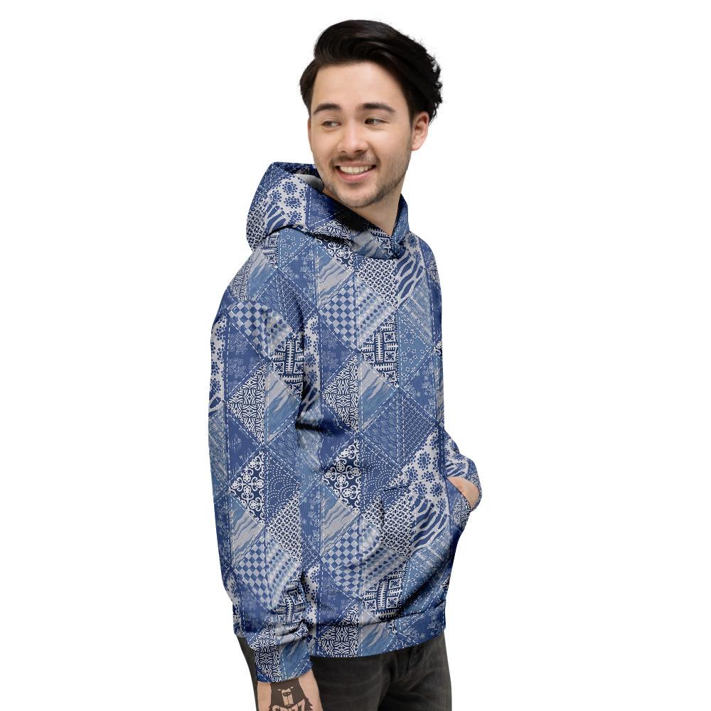 Patchwork Blue Denim Print Pattern Men's Hoodie-grizzshop