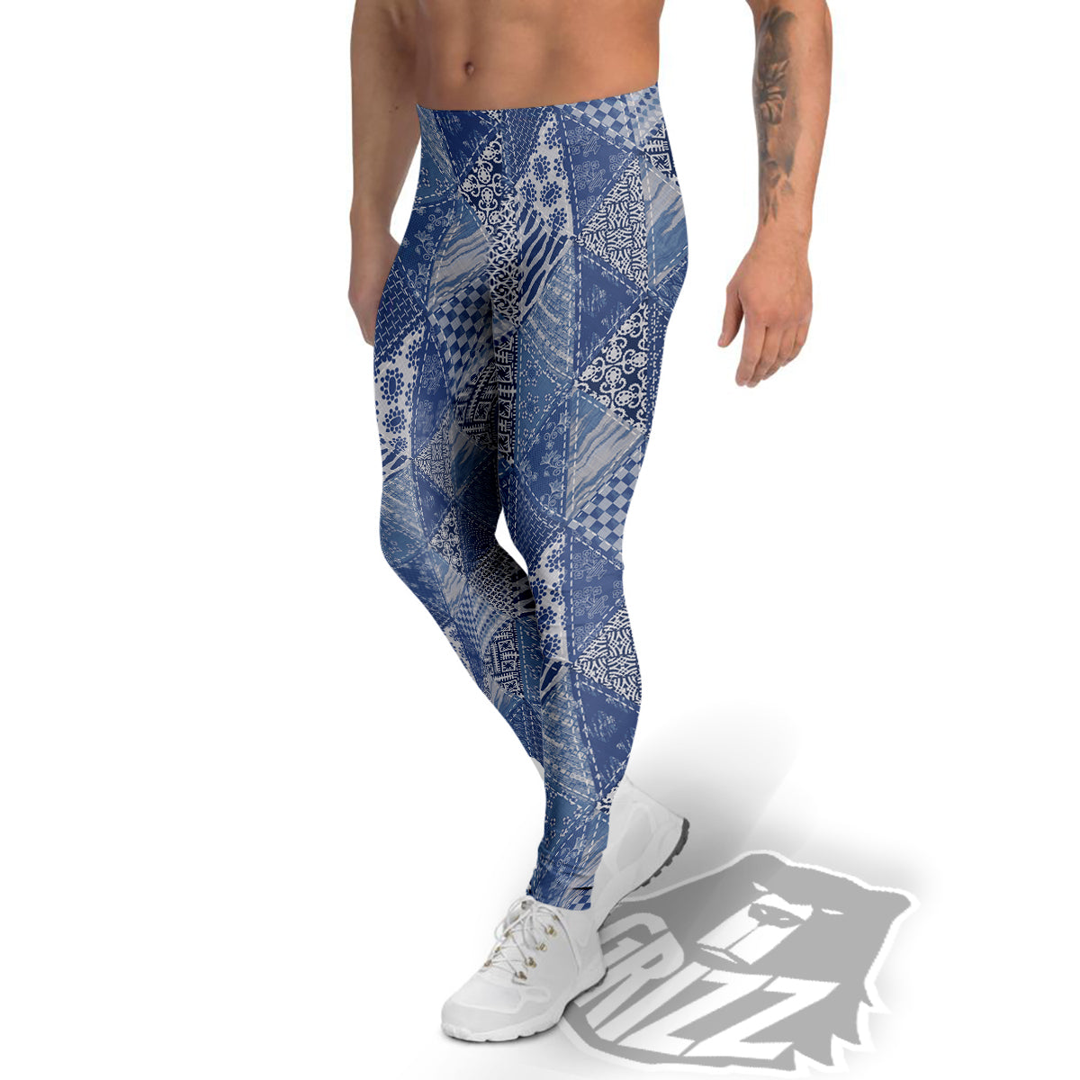 Patchwork Blue Denim Print Pattern Men's Leggings-grizzshop