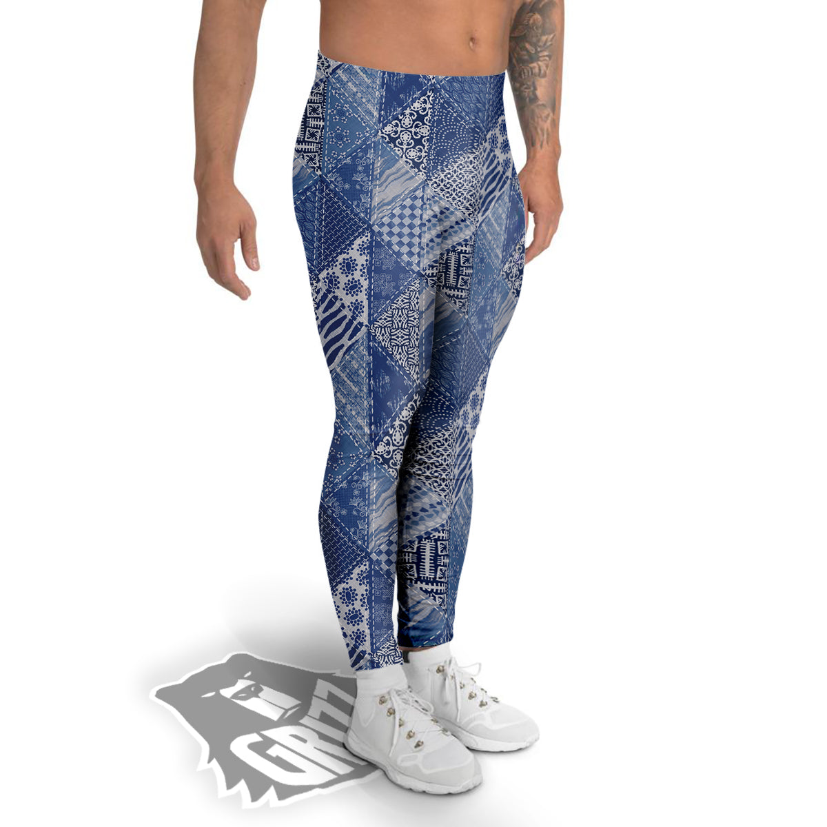 Patchwork Blue Denim Print Pattern Men's Leggings-grizzshop