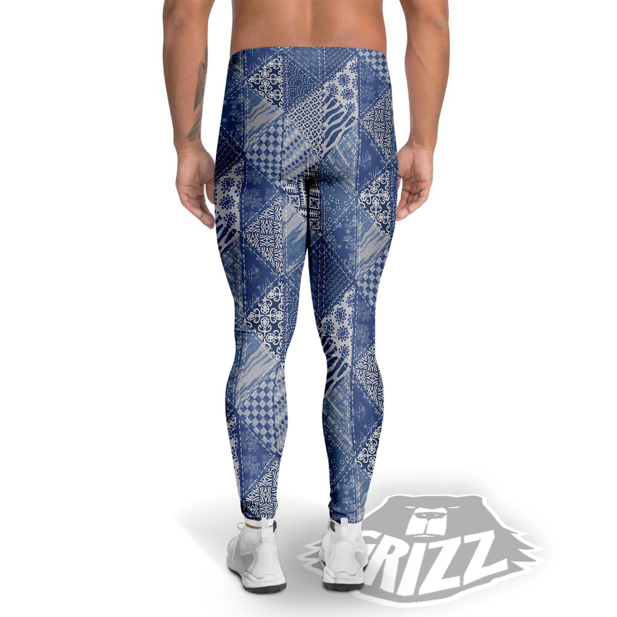 Patchwork Blue Denim Print Pattern Men's Leggings-grizzshop