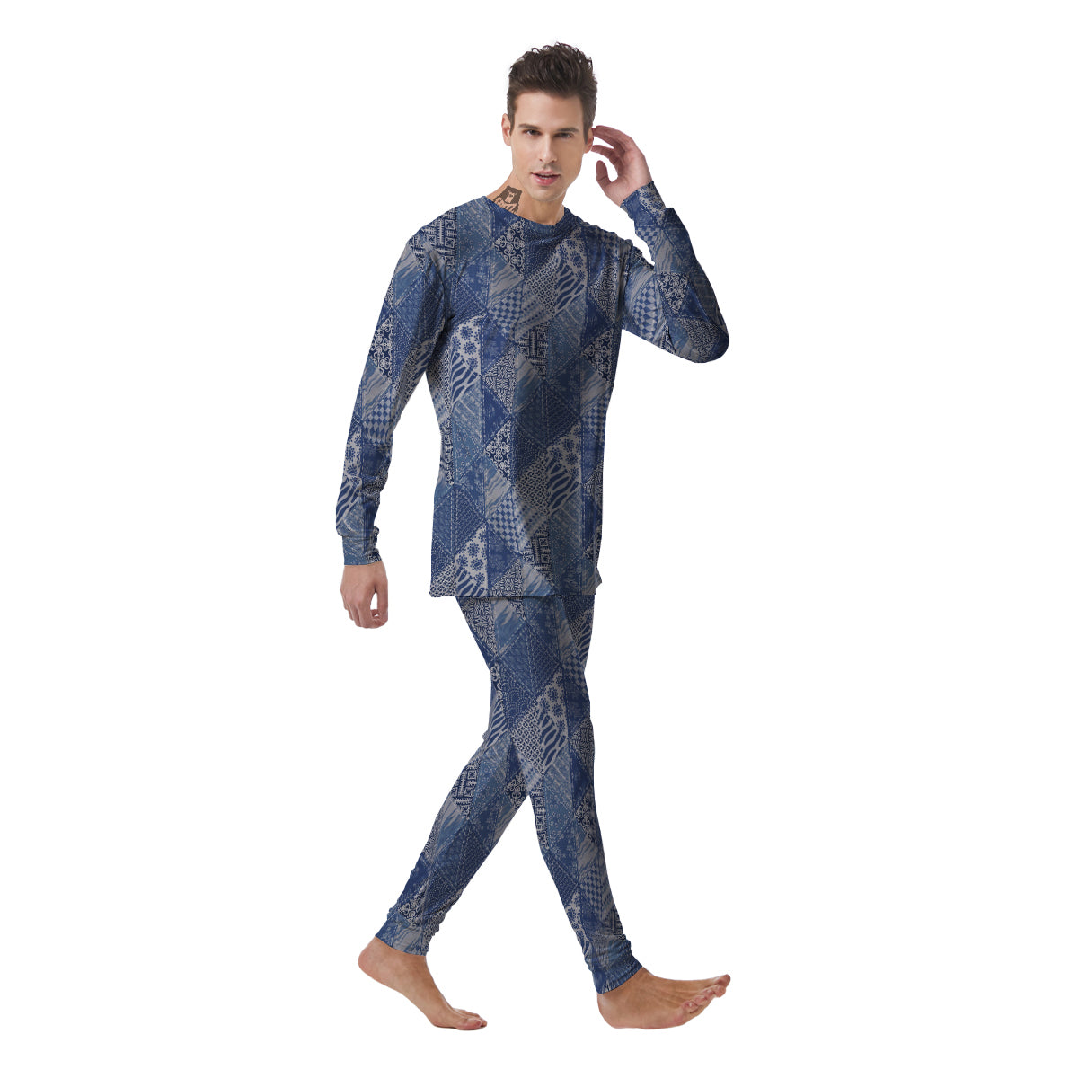 Patchwork Blue Denim Print Pattern Men's Pajamas-grizzshop