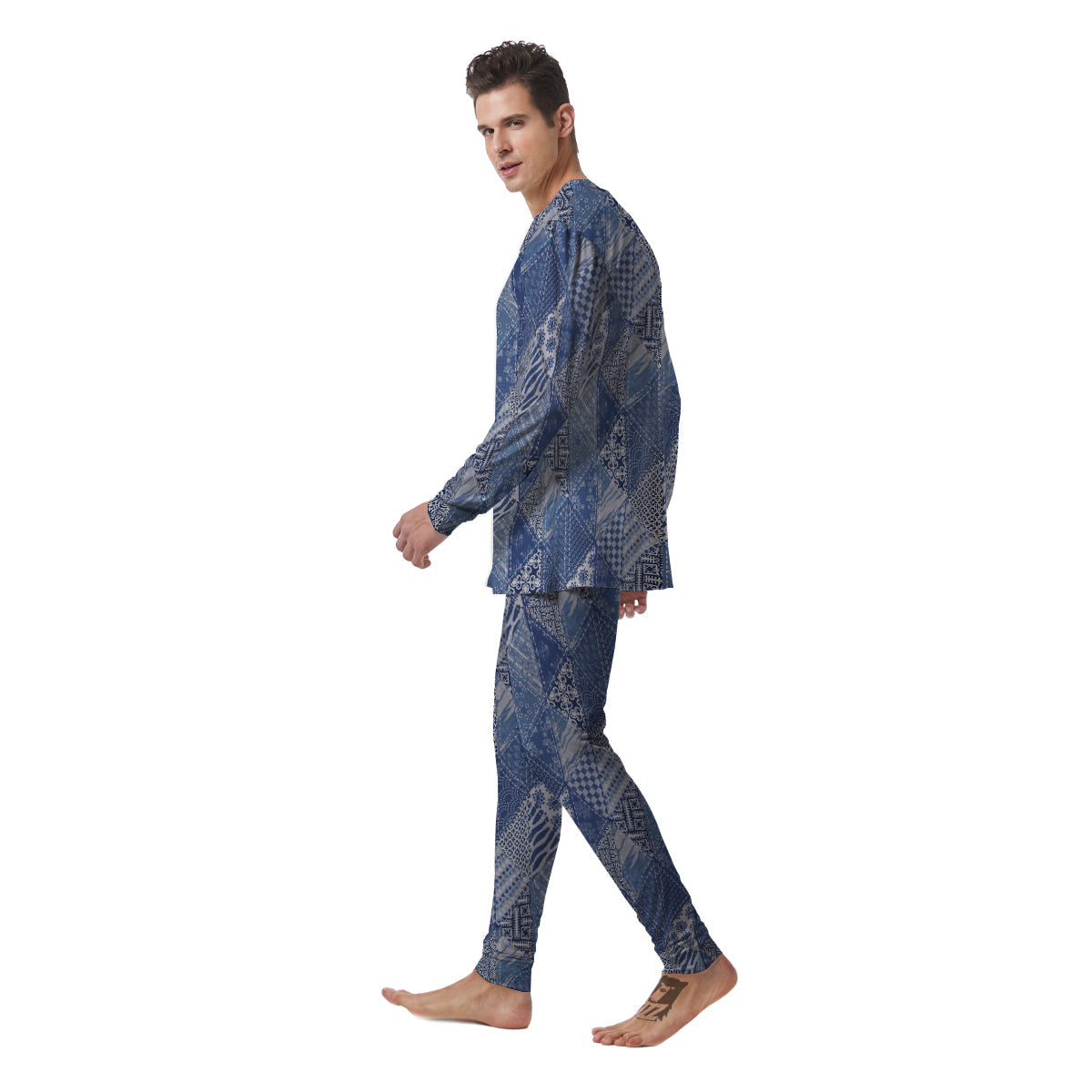 Patchwork Blue Denim Print Pattern Men's Pajamas-grizzshop