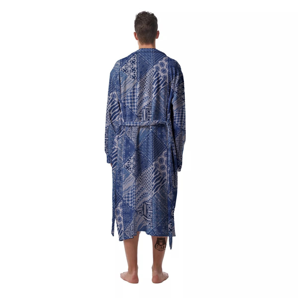 Patchwork Blue Denim Print Pattern Men's Robe-grizzshop