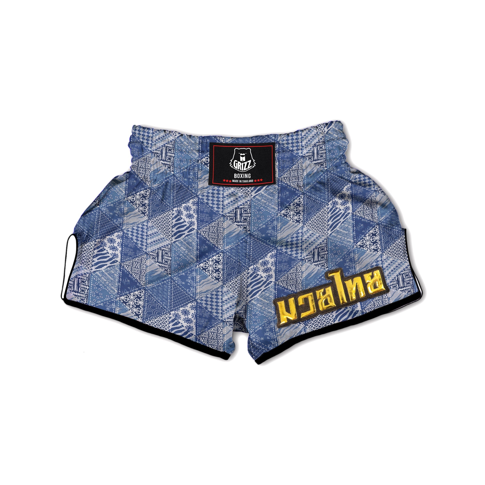 Patchwork Blue Denim Print Pattern Muay Thai Boxing Shorts-grizzshop