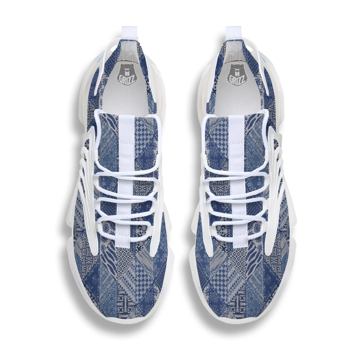 Patchwork Blue Denim Print Pattern White Gym Shoes-grizzshop
