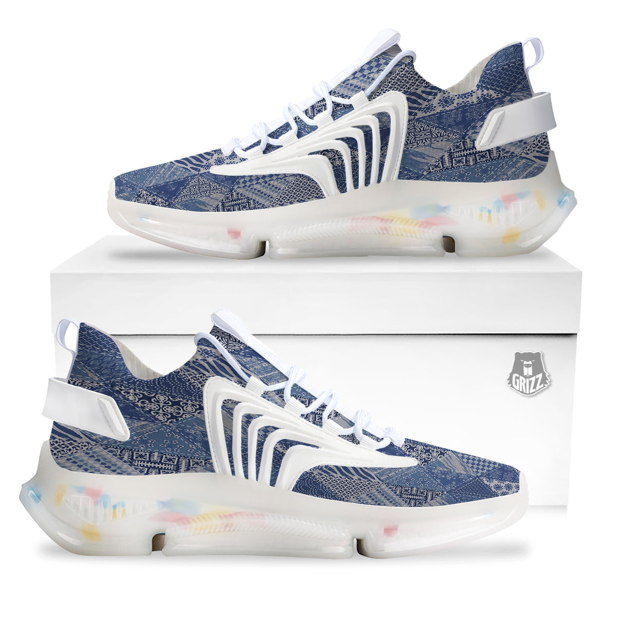 Patchwork Blue Denim Print Pattern White Gym Shoes-grizzshop