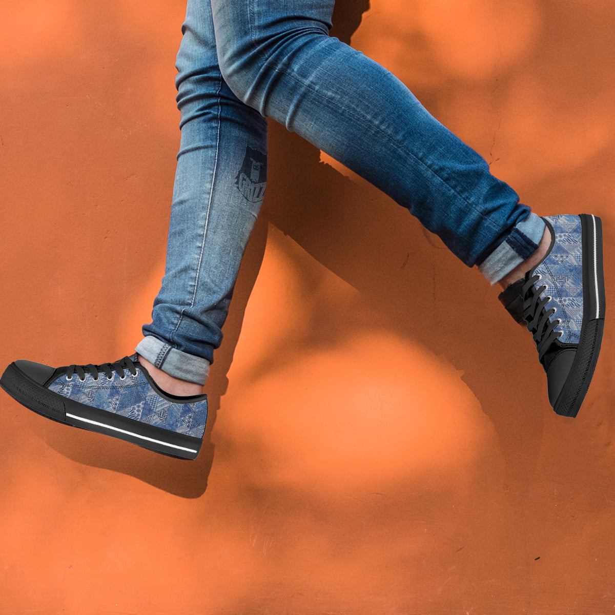 Patchwork Blue Denim Print Pattern White Low Top Shoes-grizzshop