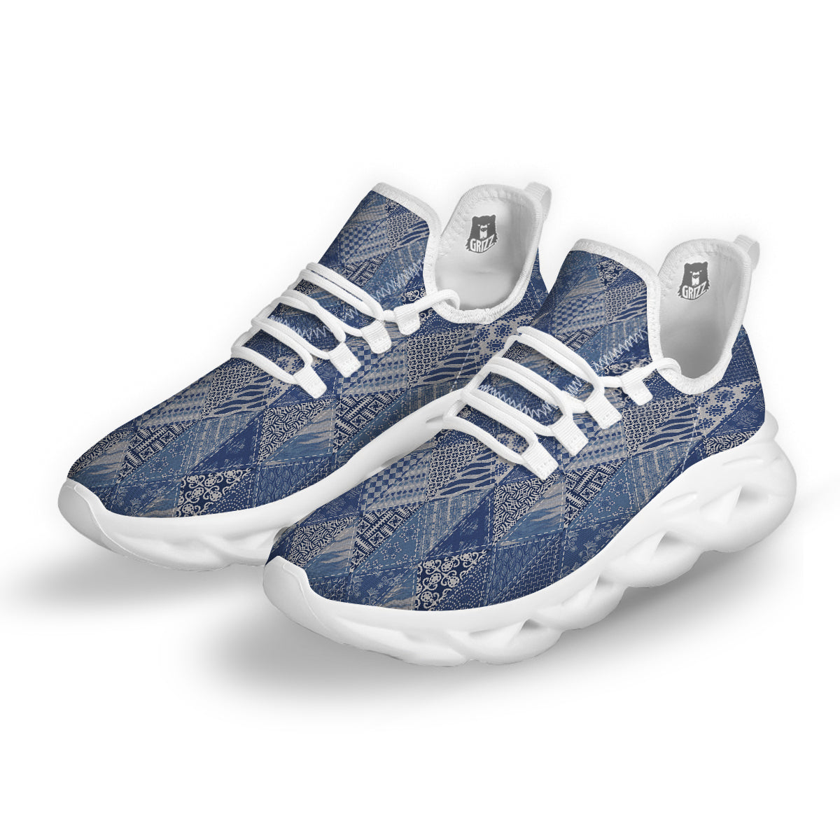 Patchwork Blue Denim Print Pattern White Running Shoes-grizzshop