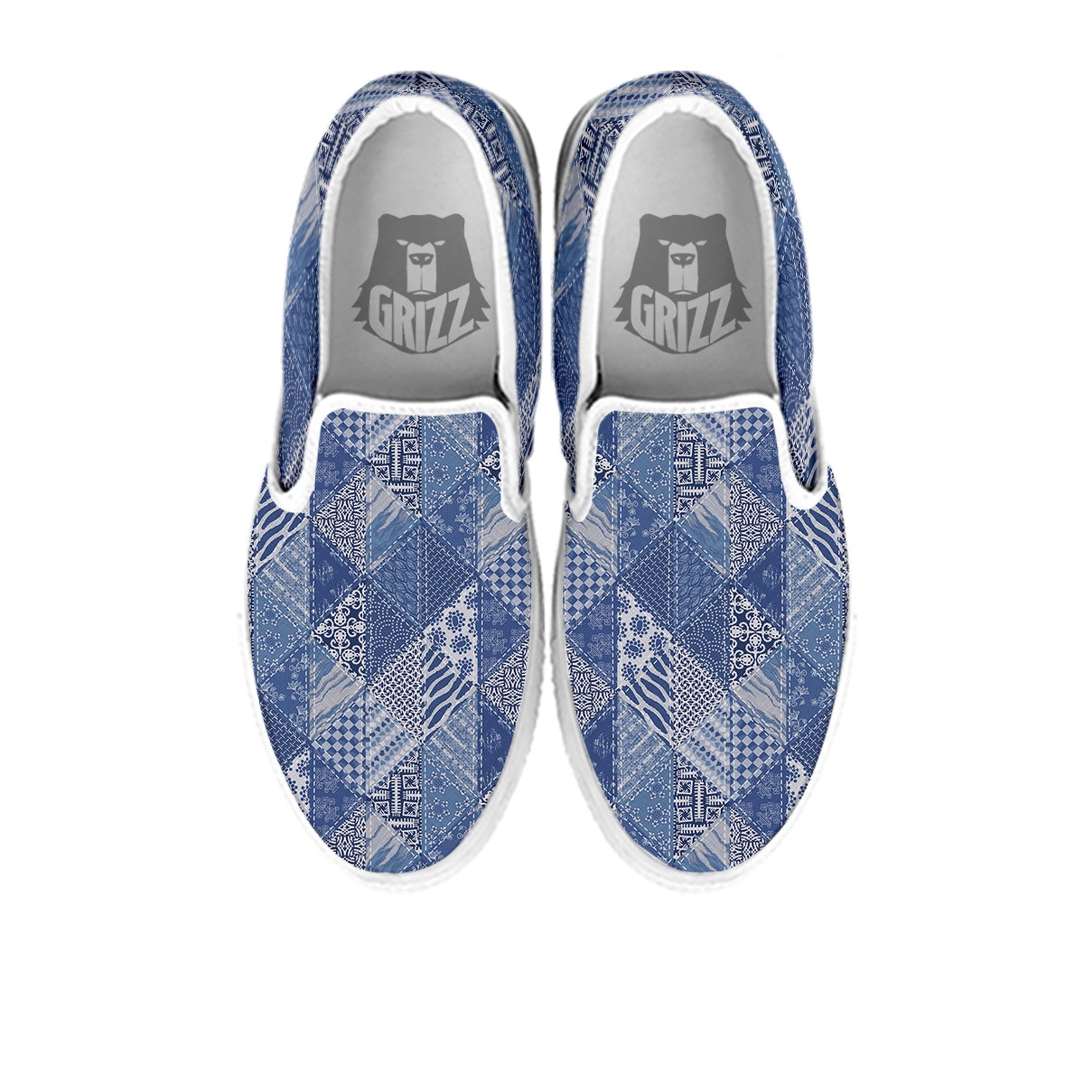 Patchwork Blue Denim Print Pattern White Slip On Shoes-grizzshop