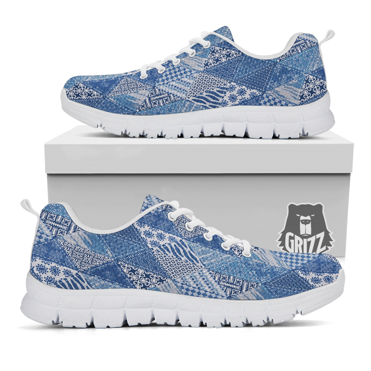 Patchwork Blue Denim Print Pattern White Sneaker-grizzshop