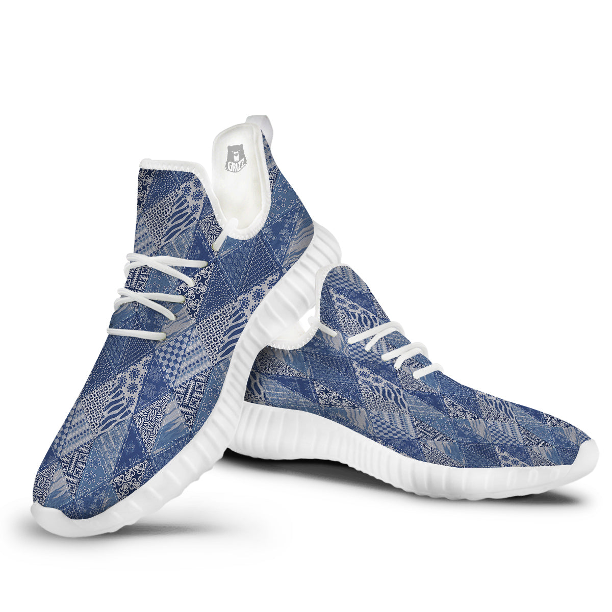 Patchwork Blue Denim Print Pattern White Walking Shoes-grizzshop
