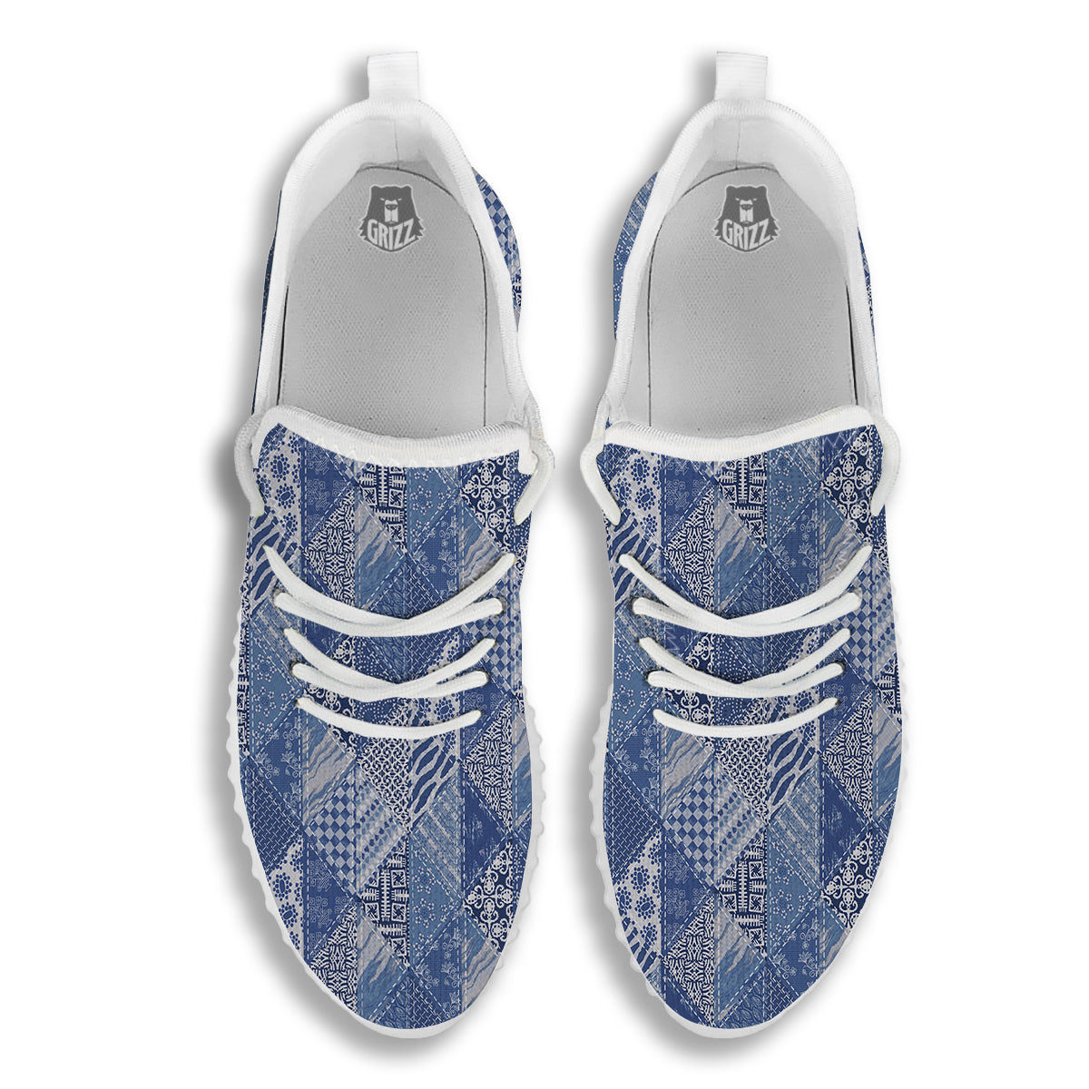 Patchwork Blue Denim Print Pattern White Walking Shoes-grizzshop