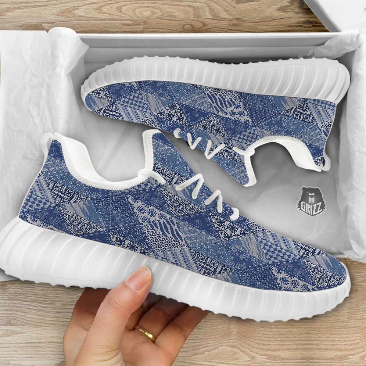Patchwork Blue Denim Print Pattern White Walking Shoes-grizzshop