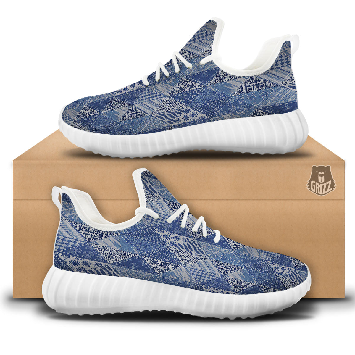 Patchwork Blue Denim Print Pattern White Walking Shoes-grizzshop