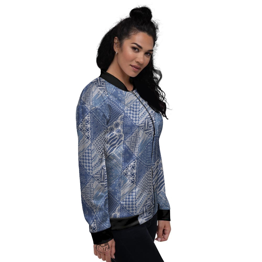 Patchwork Blue Denim Print Pattern Women's Bomber Jacket-grizzshop