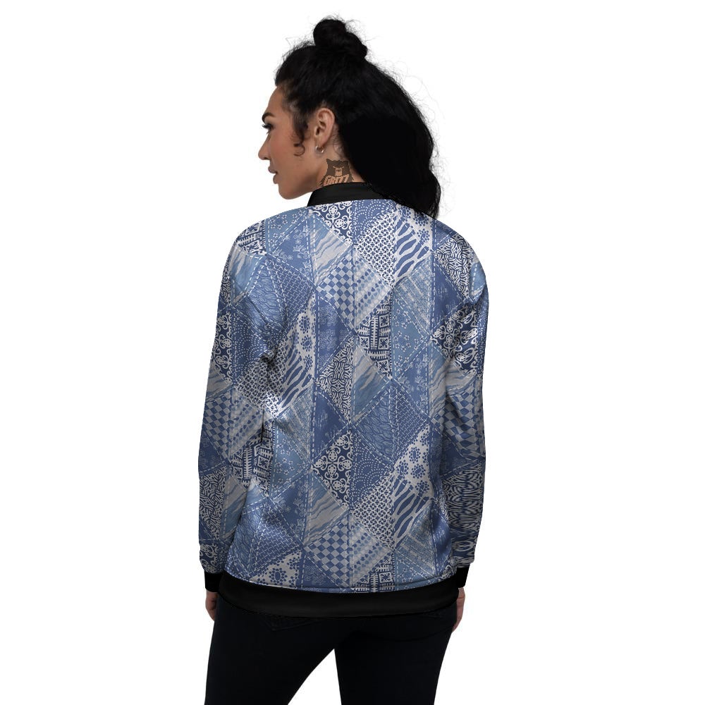 Patchwork Blue Denim Print Pattern Women's Bomber Jacket-grizzshop