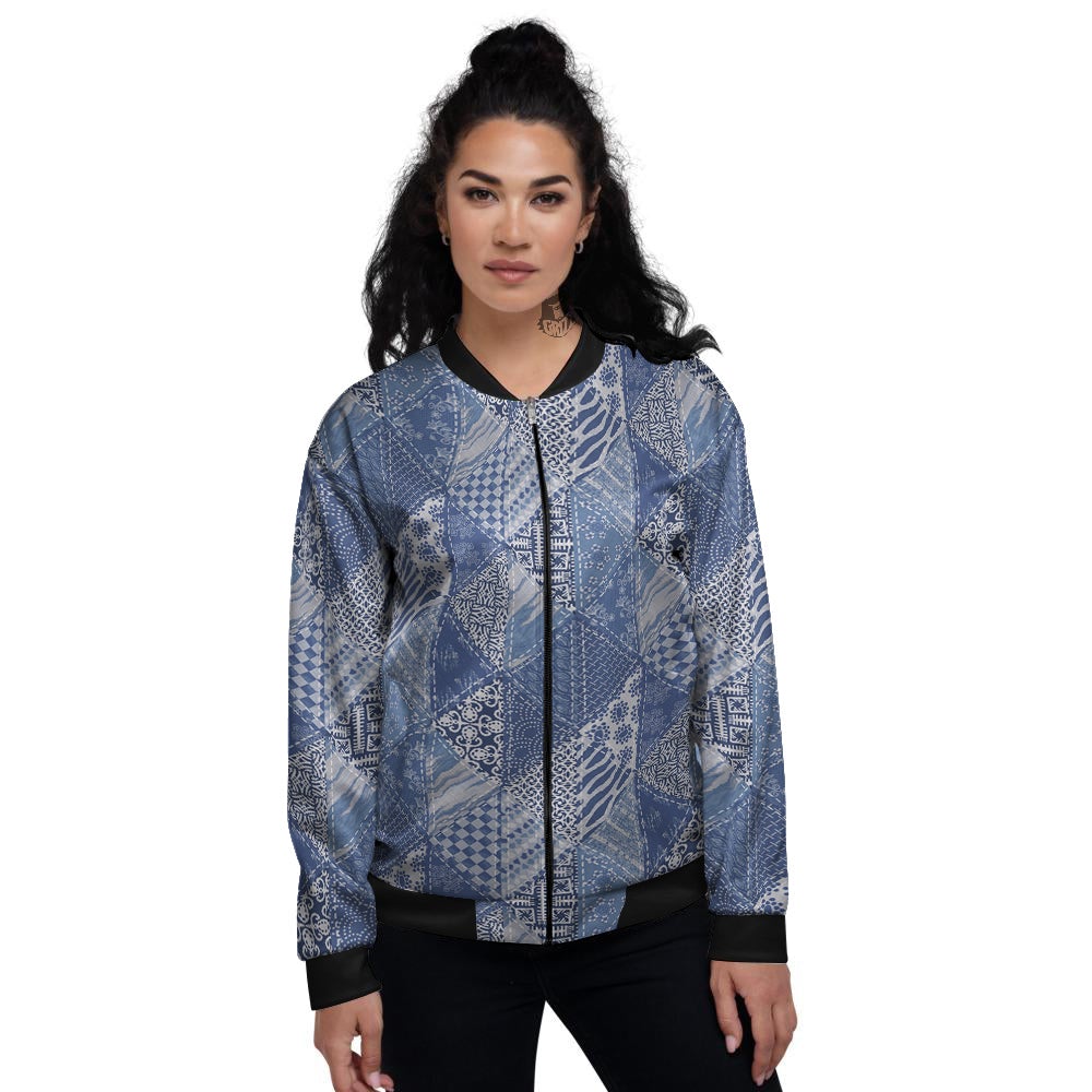 Patchwork Blue Denim Print Pattern Women's Bomber Jacket-grizzshop