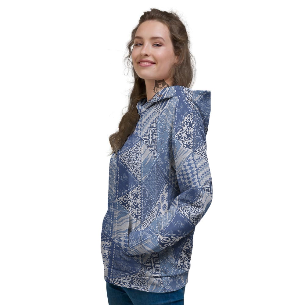 Patchwork Blue Denim Print Pattern Women's Hoodie-grizzshop