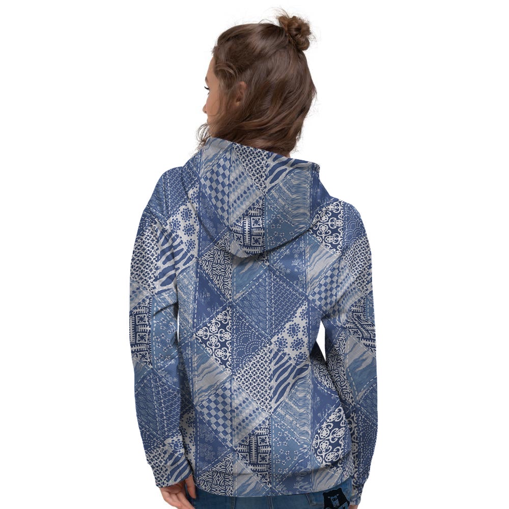 Patchwork Blue Denim Print Pattern Women's Hoodie-grizzshop