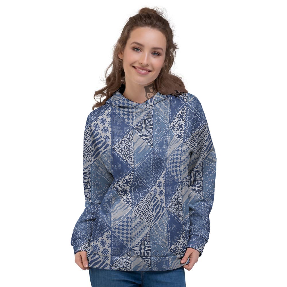 Patchwork Blue Denim Print Pattern Women's Hoodie-grizzshop