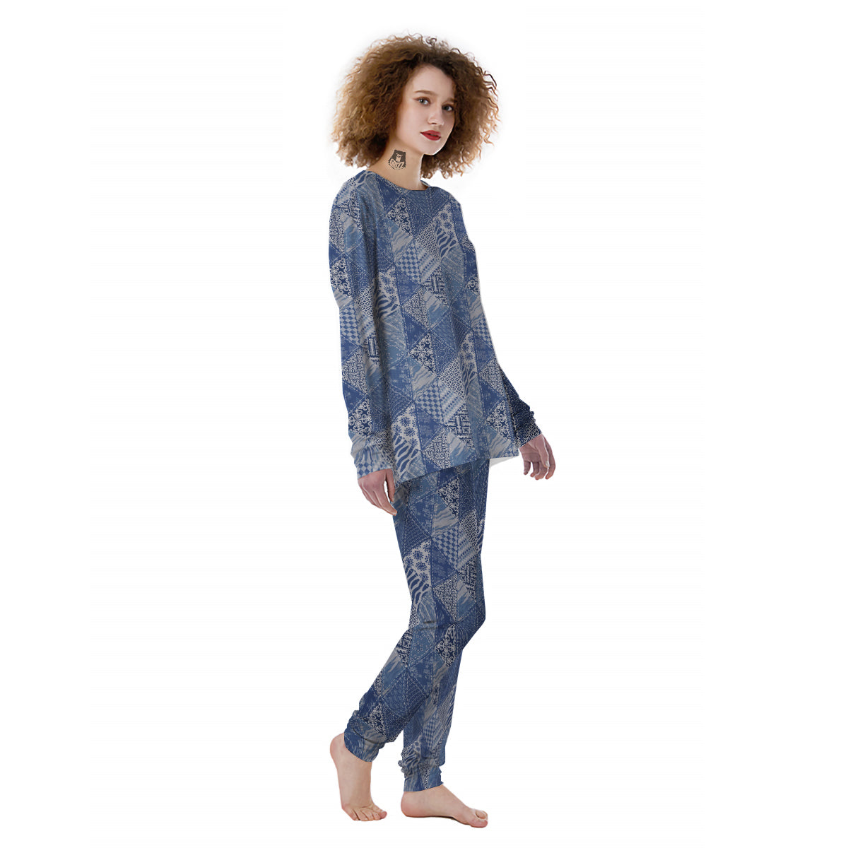 Patchwork Blue Denim Print Pattern Women's Pajamas-grizzshop