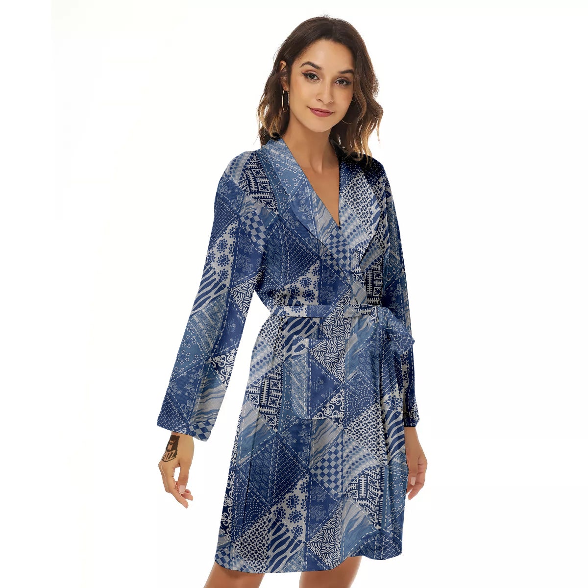 Patchwork Blue Denim Print Pattern Women's Robe-grizzshop