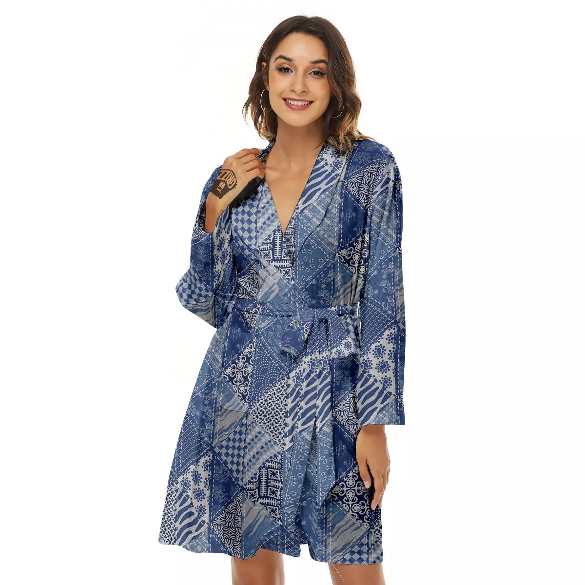 Patchwork Blue Denim Print Pattern Women's Robe-grizzshop