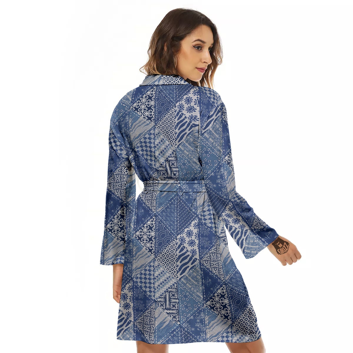 Patchwork Blue Denim Print Pattern Women's Robe-grizzshop