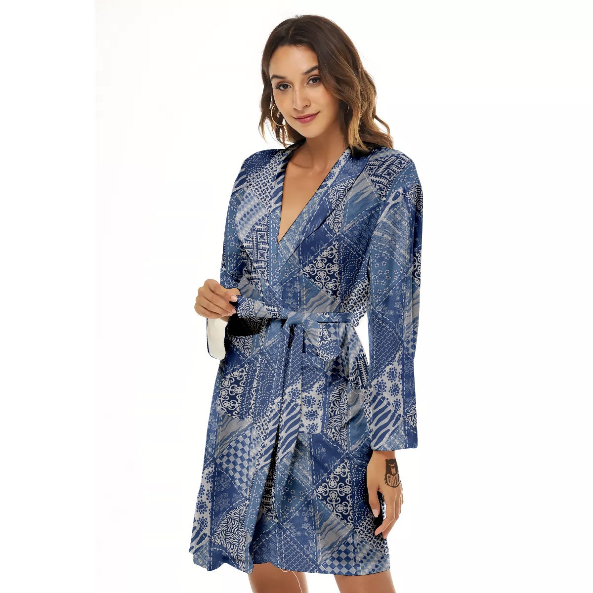 Patchwork Blue Denim Print Pattern Women's Robe-grizzshop