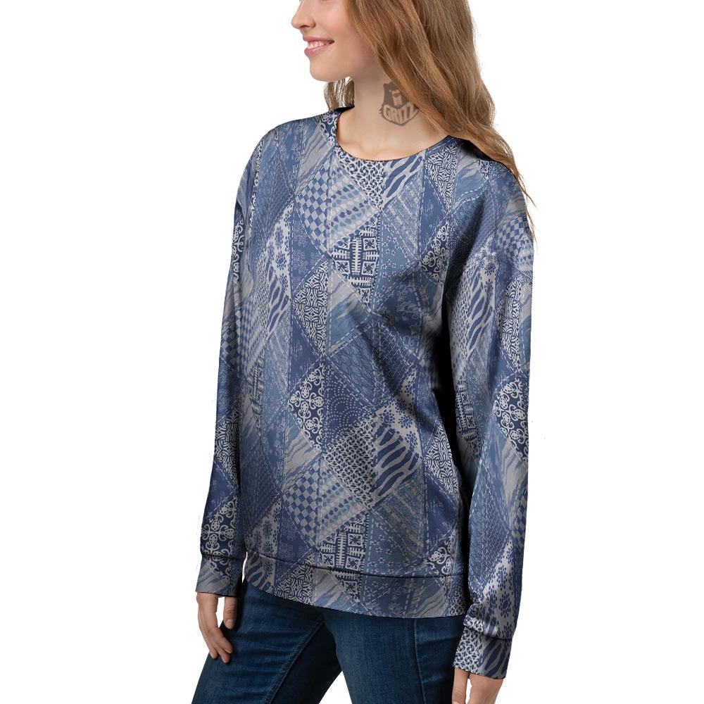 Patchwork Blue Denim Print Pattern Women's Sweatshirt-grizzshop